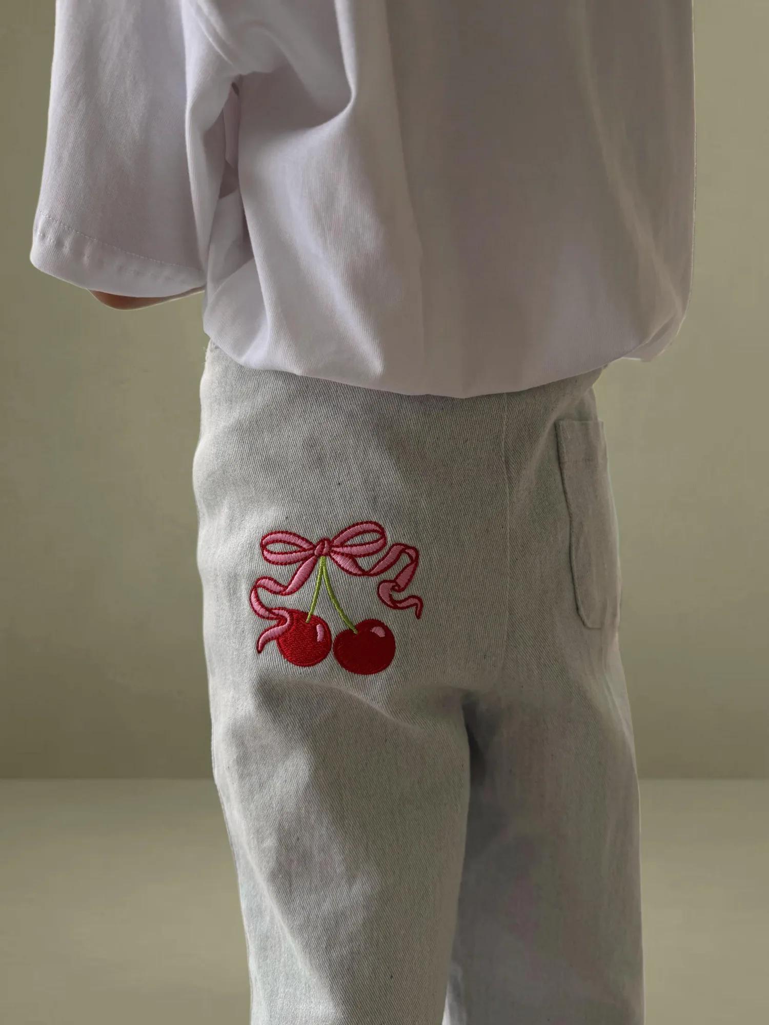 Girls Light Blue Denim Pant with Cherry, view 2 of 4