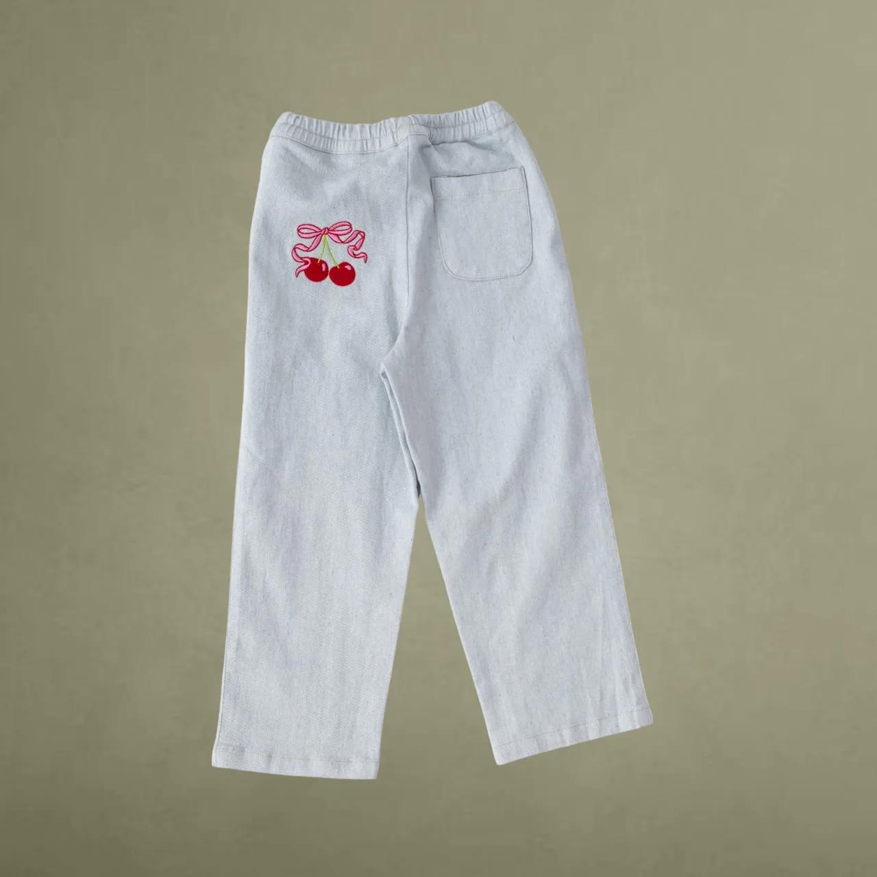 Girls Light Blue Denim Pant with Cherry, view 3 of 4