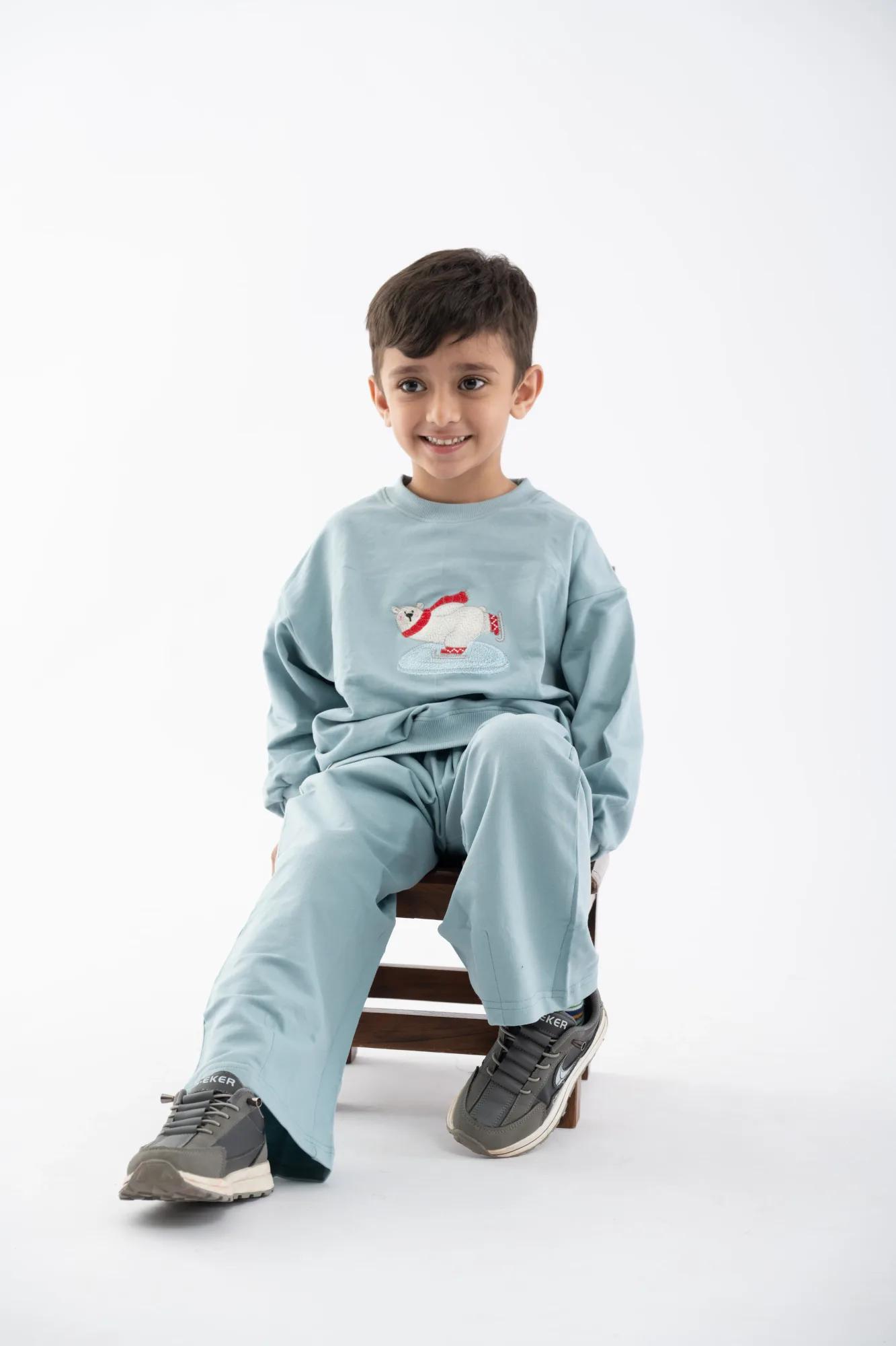 Boys Bear Embroidered Scam Blue Co-Ord Set