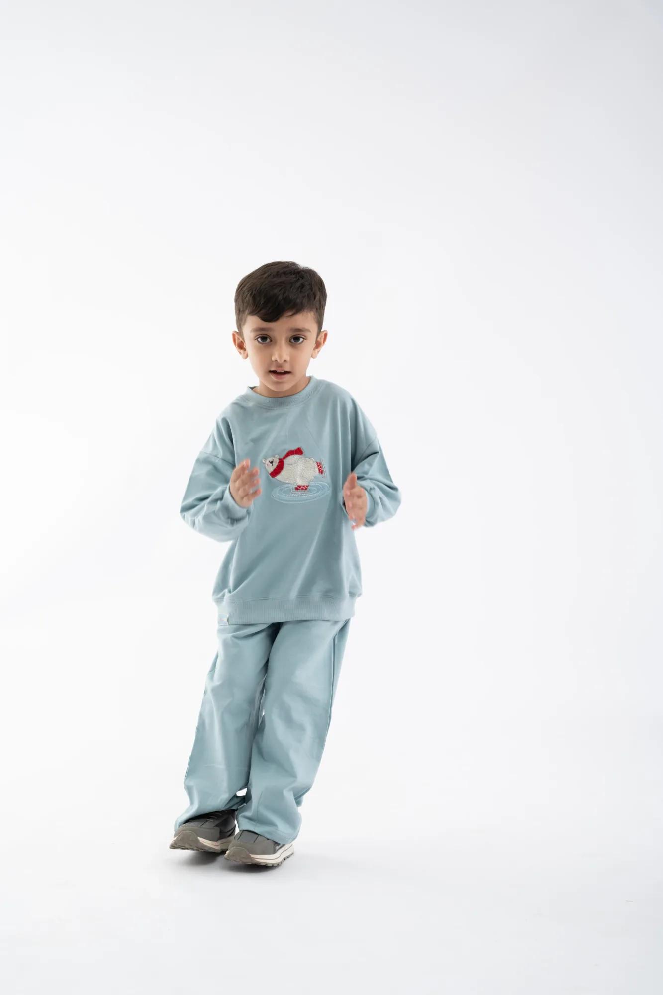 Boys Bear Embroidered Scam Blue Co-Ord Set, view 3 of 4